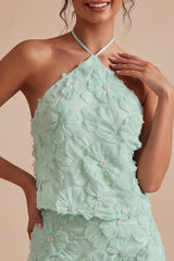 Floral Mint Green Halter 2 Piece Short Tight Homecoming Dress
