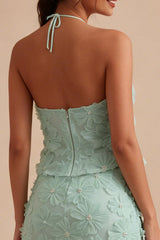 Floral Mint Green Halter 2 Piece Short Tight Homecoming Dress