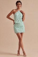 Floral Mint Green Halter 2 Piece Short Tight Homecoming Dress