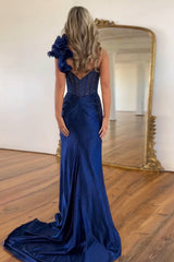 Floral Navy Prom Dress Corset One Shoulder Formal Dress With Slit