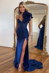 Floral Navy Prom Dress Corset One Shoulder Formal Dress With Slit