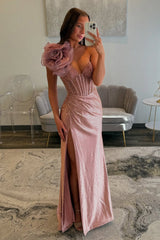 Floral Navy Prom Dress Corset One Shoulder Formal Dress With Slit
