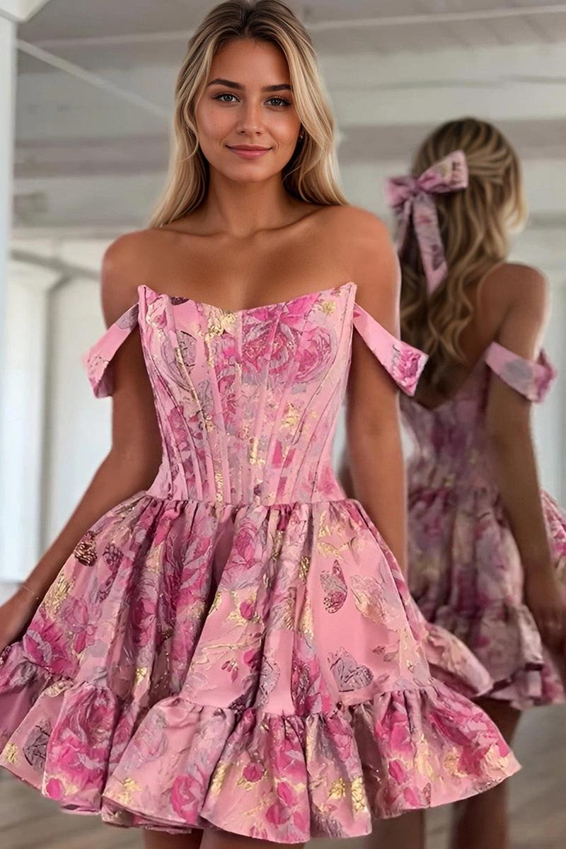 Floral Off Shoulder Brocade Homecoming Dress with Ruffled