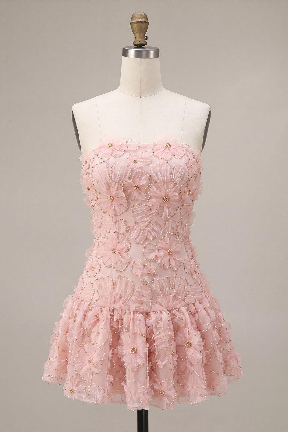 Floral Pink A-Line Beaded Short Homecoming Dress