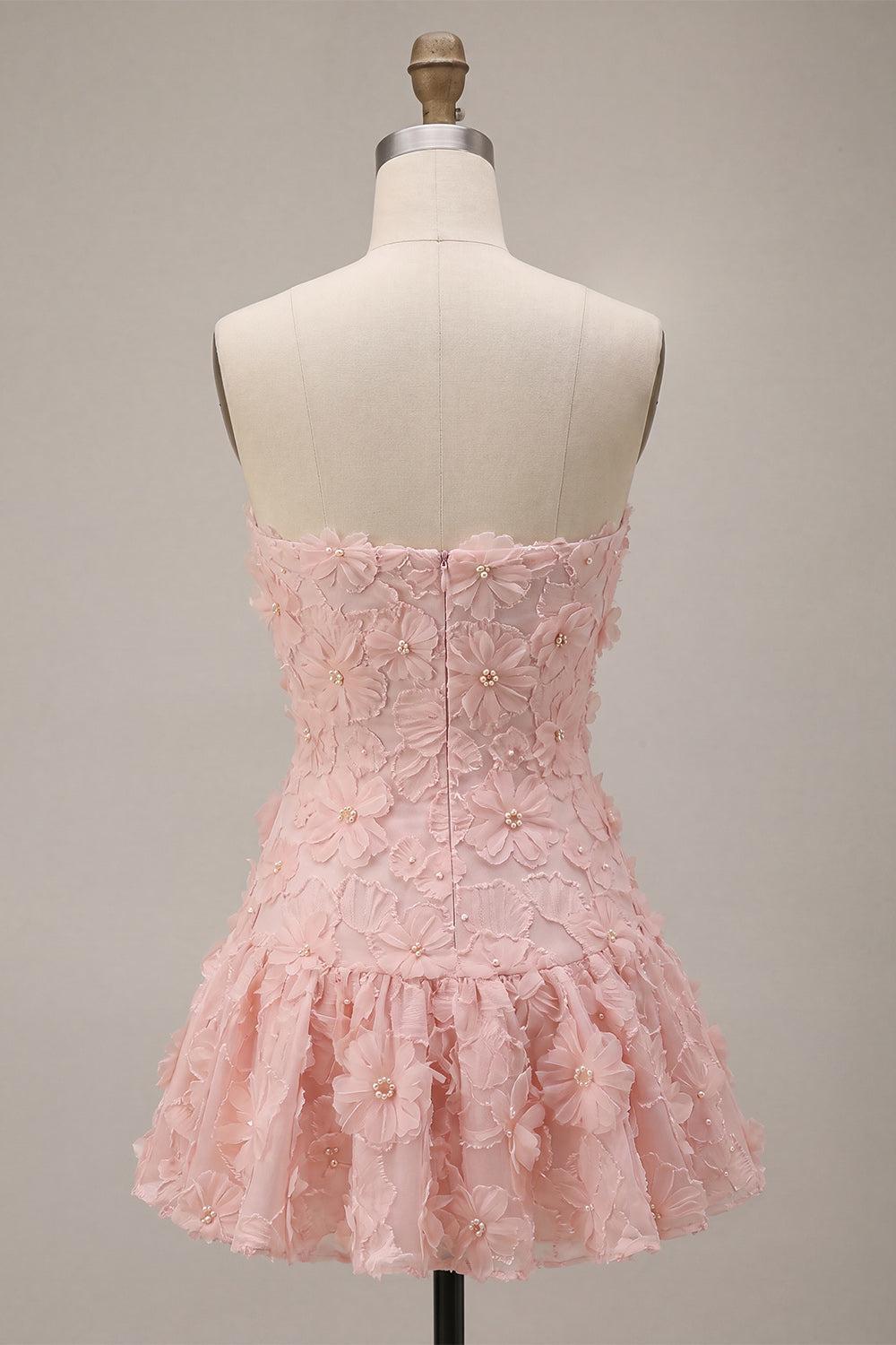 Floral Pink A-Line Beaded Short Homecoming Dress