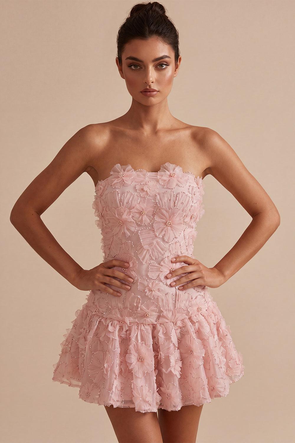 Floral Pink A-Line Beaded Short Homecoming Dress