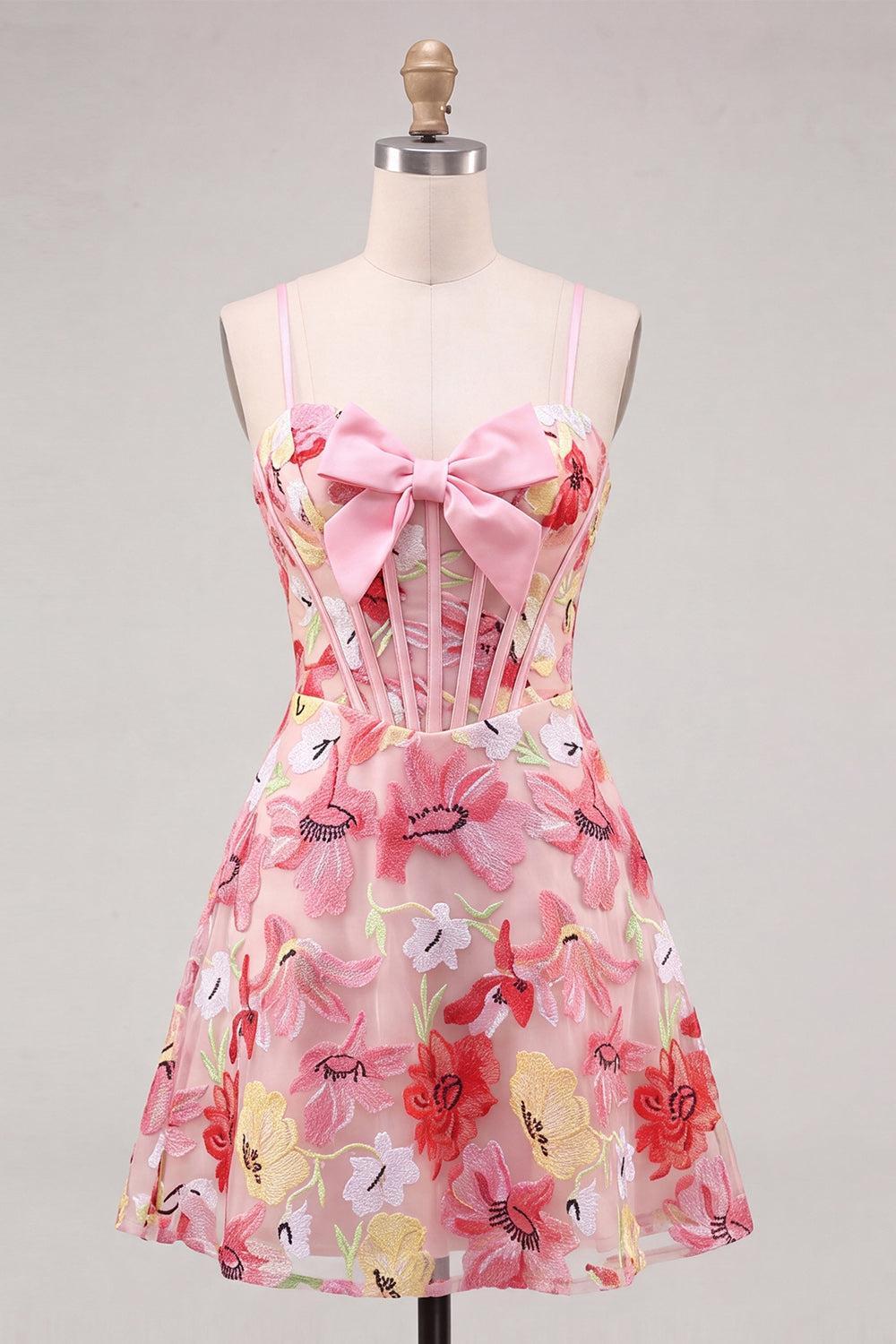 Floral Pink A Line Corset Short Homecoming Dress with Bow