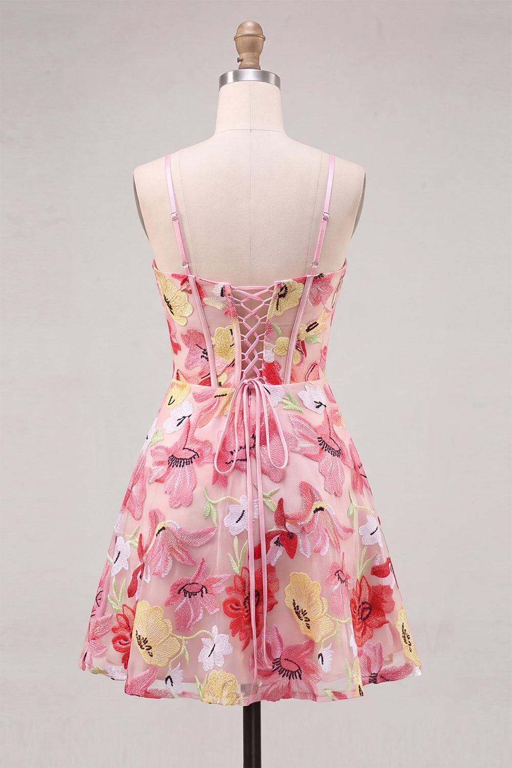 Floral Pink A Line Corset Short Homecoming Dress with Bow