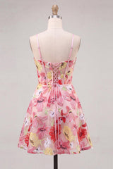 Floral Pink A Line Corset Short Homecoming Dress with Bow