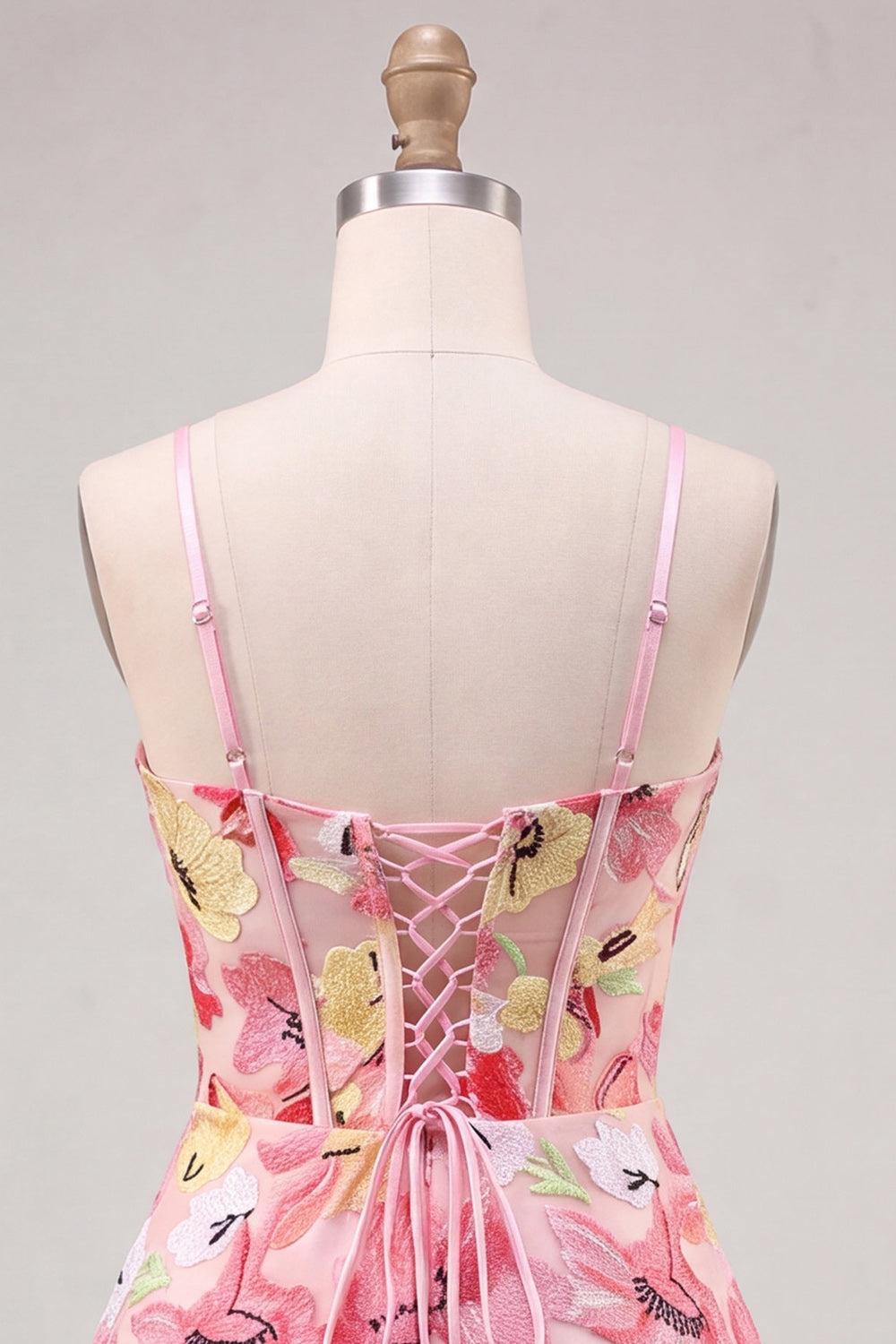 Floral Pink A Line Corset Short Homecoming Dress with Bow