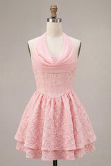 Floral Pink Halter Jacquard A-Line Short Homecoming Dress