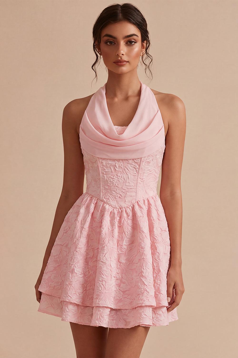 Floral Pink Halter Jacquard A-Line Short Homecoming Dress