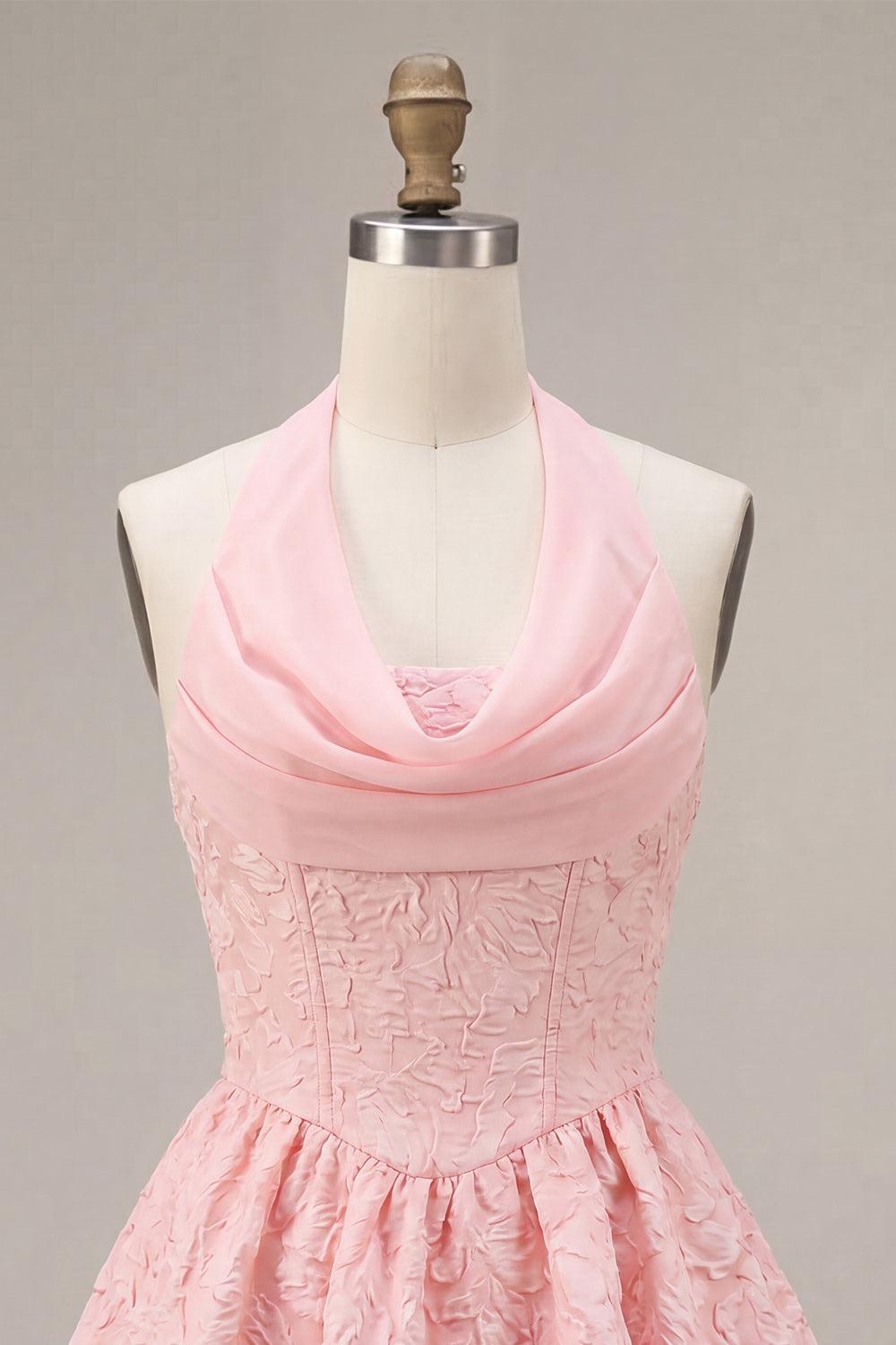 Floral Pink Halter Jacquard A-Line Short Homecoming Dress