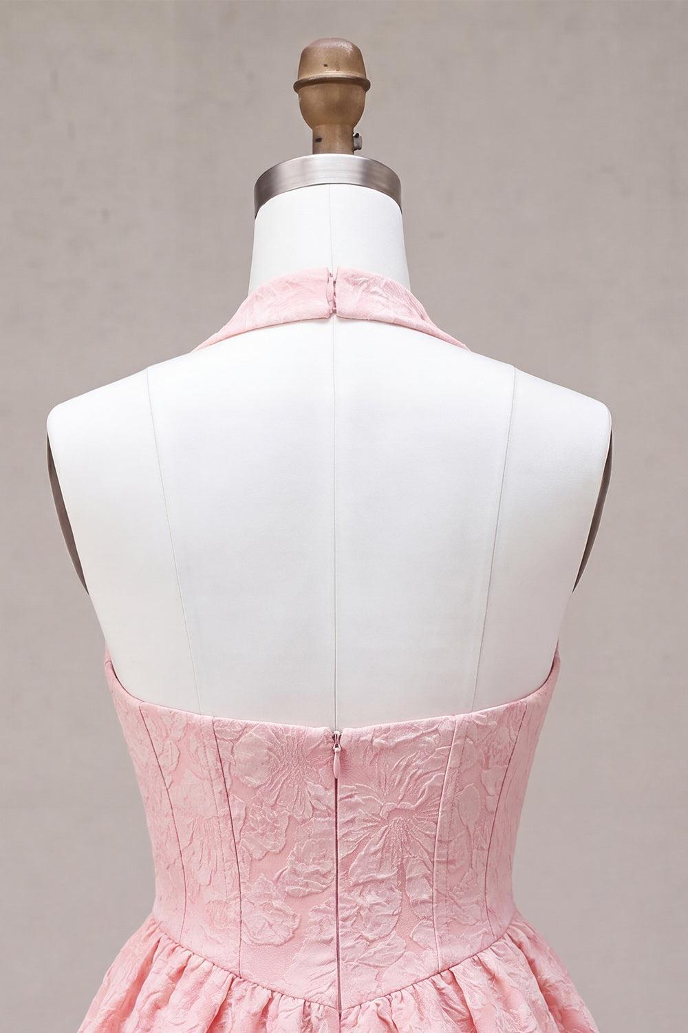 Floral Pink Halter Jacquard A-Line Short Homecoming Dress