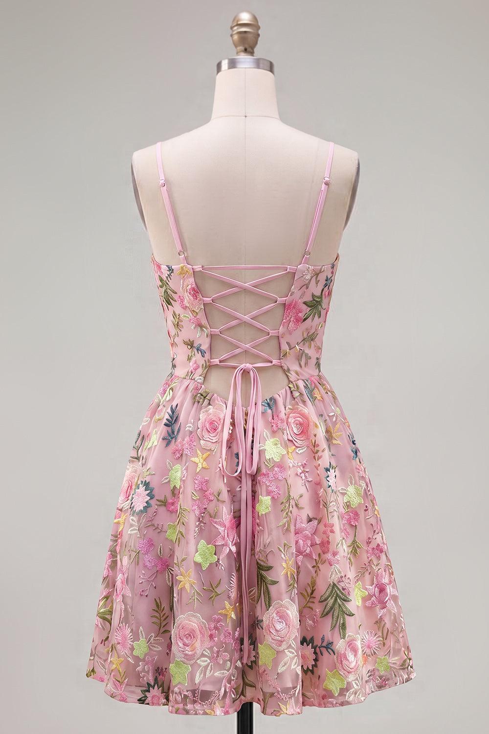 Floral Pink Short A Line Spaghetti Straps Homecoming Dress with Pockets