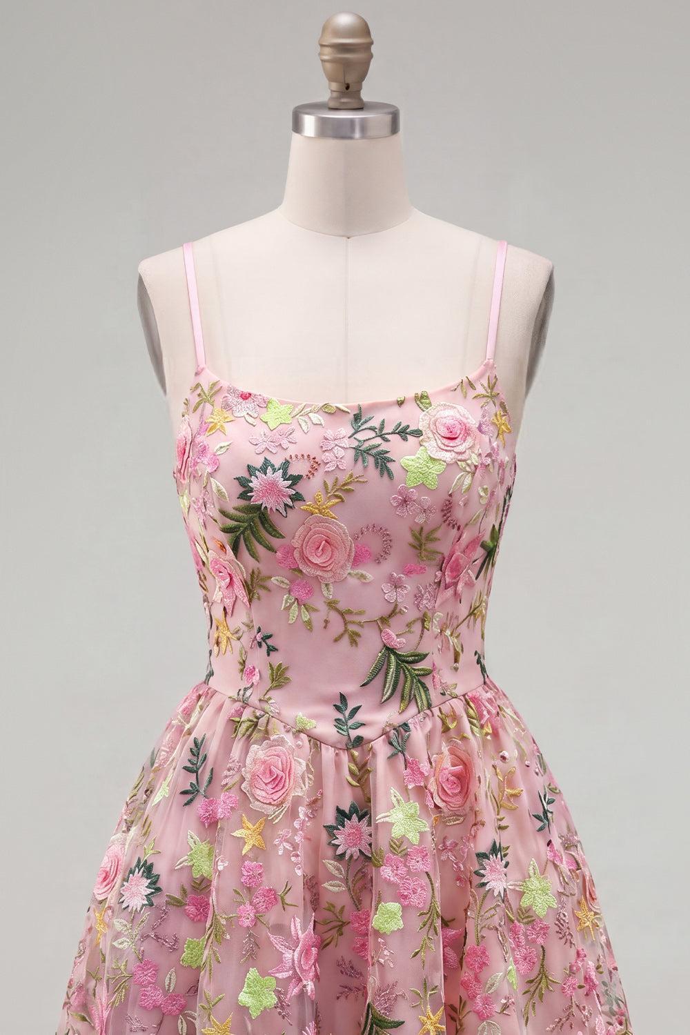 Floral Pink Short A Line Spaghetti Straps Homecoming Dress with Pockets