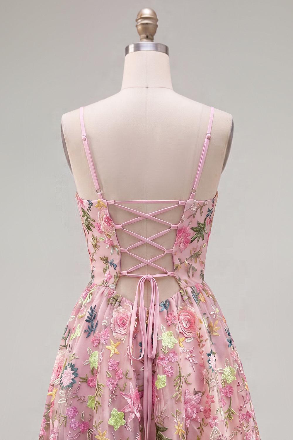 Floral Pink Short A Line Spaghetti Straps Homecoming Dress with Pockets