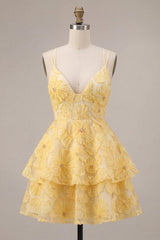 Floral Ruffled Light Yellow A Line Beaded Tiered Short Homecoming Dress