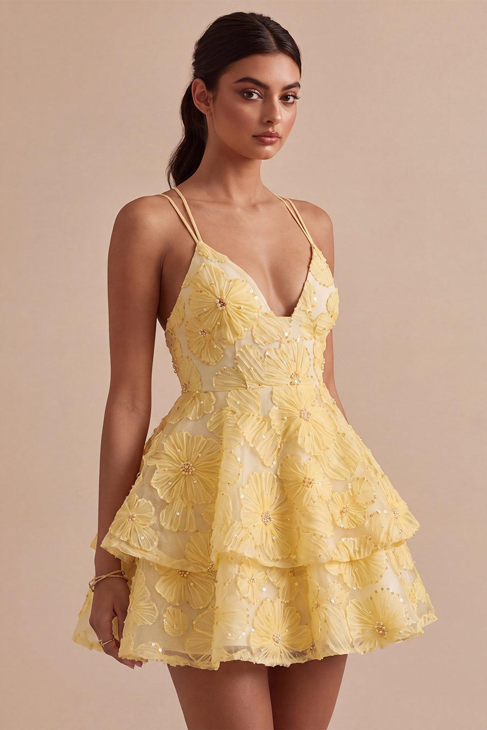 Floral Ruffled Light Yellow A Line Beaded Tiered Short Homecoming Dress