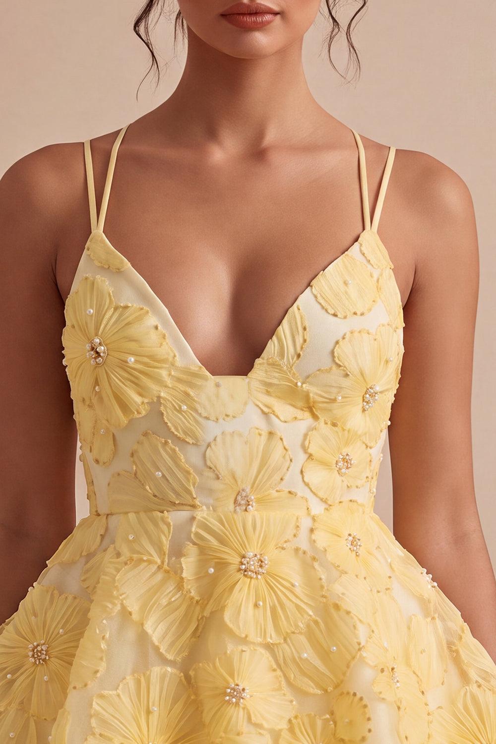 Floral Ruffled Light Yellow A Line Beaded Tiered Short Homecoming Dress