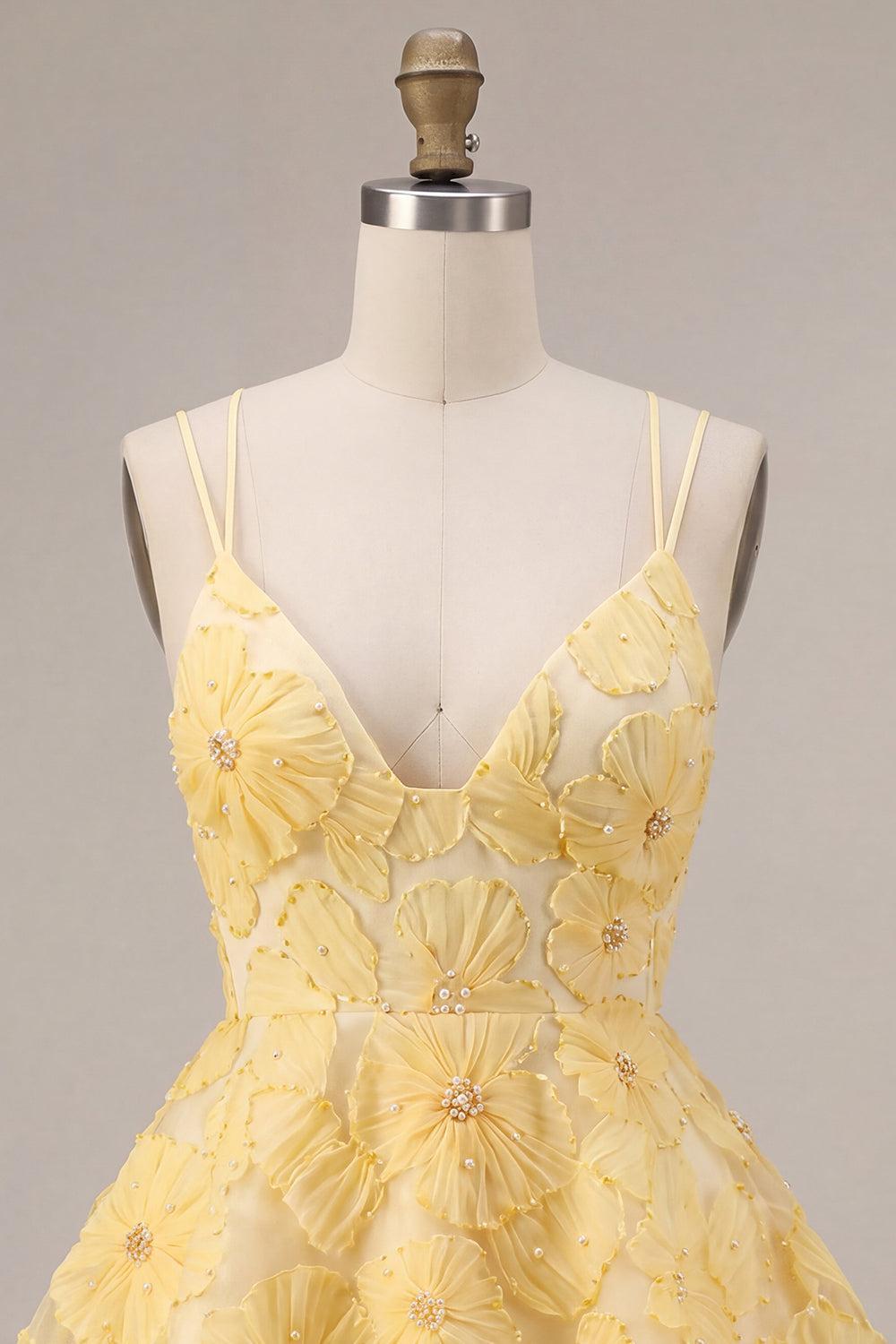 Floral Ruffled Light Yellow A Line Beaded Tiered Short Homecoming Dress