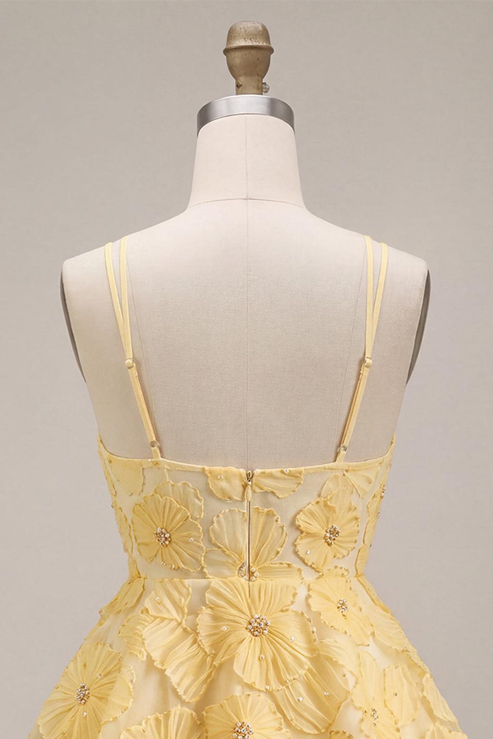 Floral Ruffled Light Yellow A Line Beaded Tiered Short Homecoming Dress
