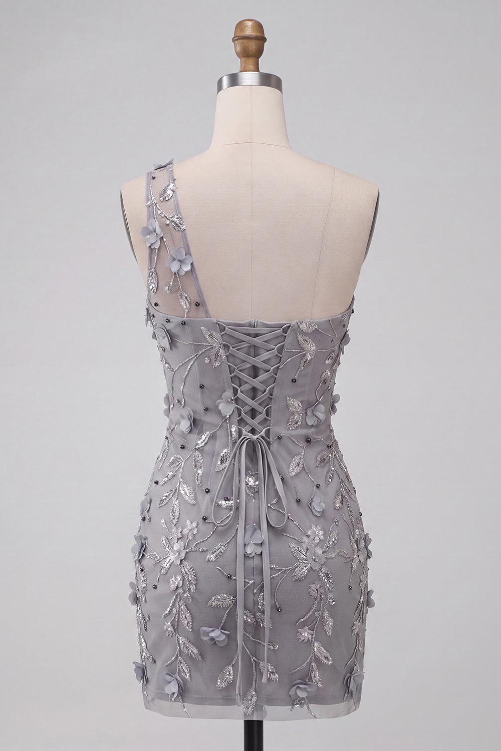 Floral Sequins Grey One Shoulder Tight Short Homecoming Dress