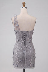 Floral Sequins Grey One Shoulder Tight Short Homecoming Dress