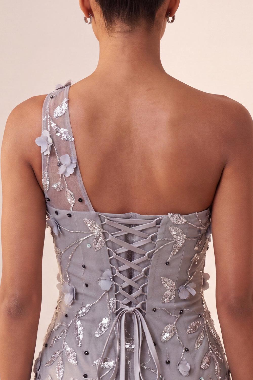 Floral Sequins Grey One Shoulder Tight Short Homecoming Dress