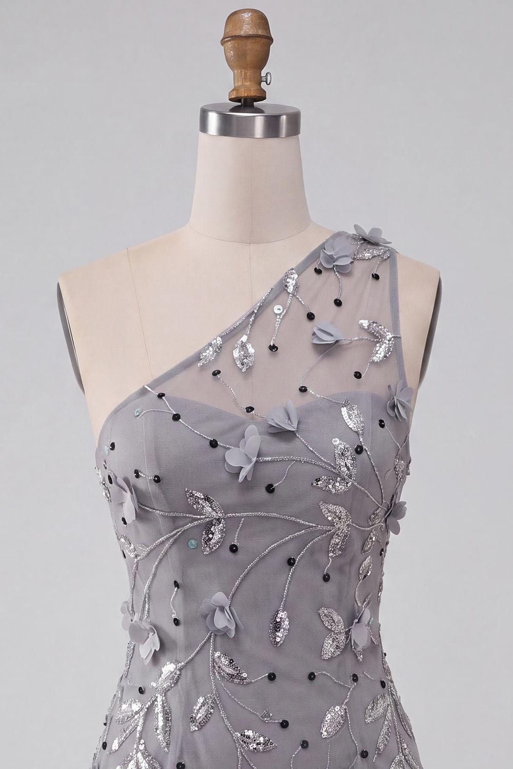 Floral Sequins Grey One Shoulder Tight Short Homecoming Dress