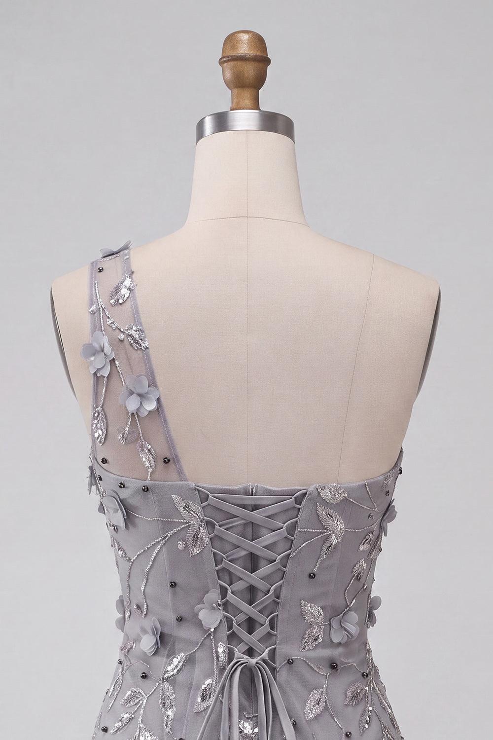 Floral Sequins Grey One Shoulder Tight Short Homecoming Dress