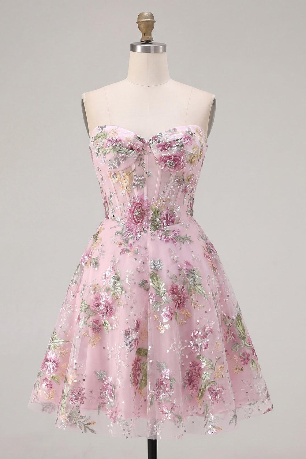 Floral Short A Line Corset Strapless Sparkly Pink Beaded Homecoming Dress