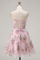 Floral Short A Line Corset Strapless Sparkly Pink Beaded Homecoming Dress