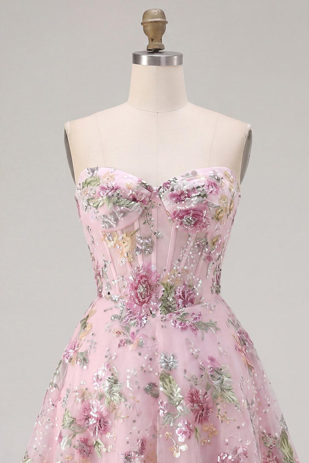 Floral Short A Line Corset Strapless Sparkly Pink Beaded Homecoming Dress
