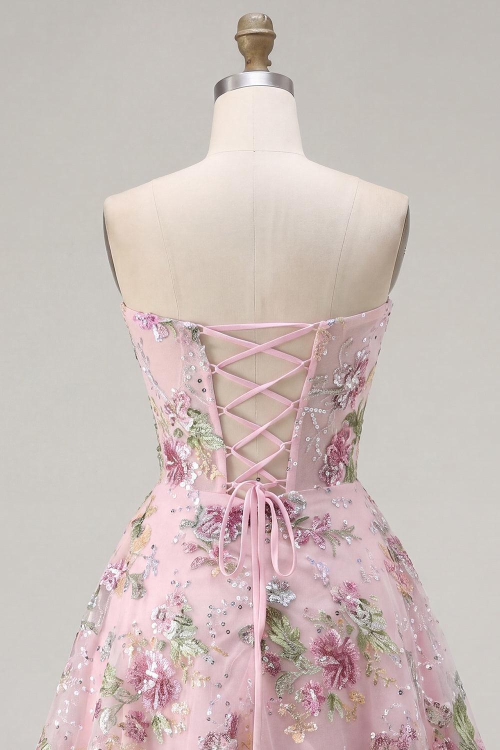 Floral Short A Line Corset Strapless Sparkly Pink Beaded Homecoming Dress