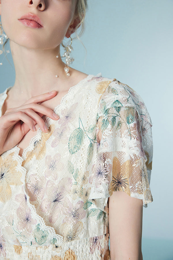 Floral Short Sleeve Midi Lace Summer Holiday Dress