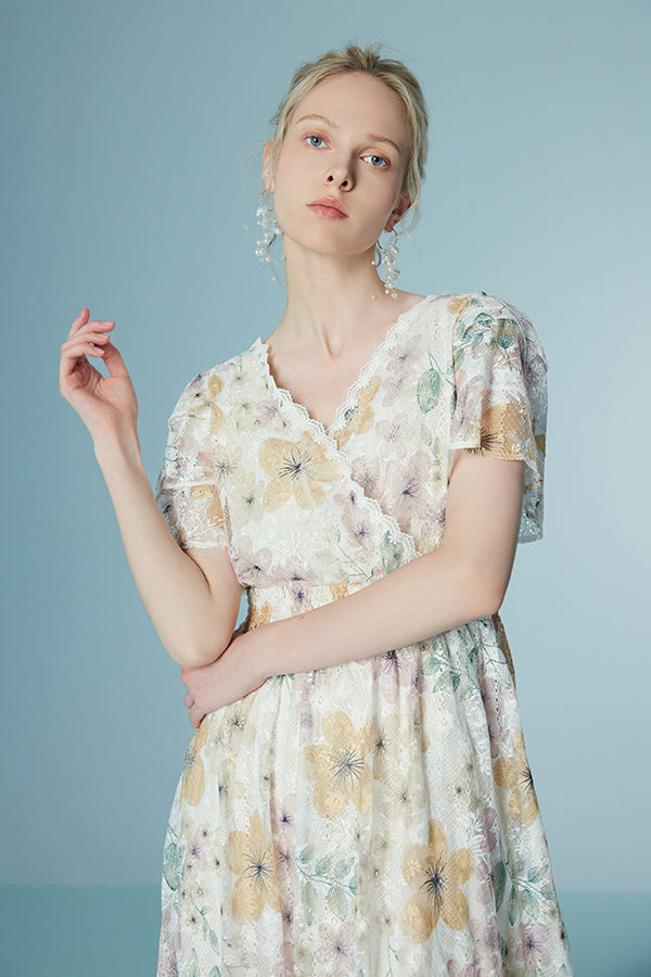 Floral Short Sleeve Midi Lace Summer Holiday Dress