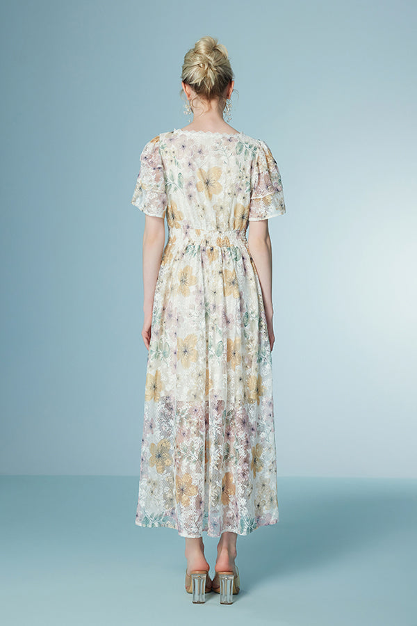 Floral Short Sleeve Midi Lace Summer Holiday Dress