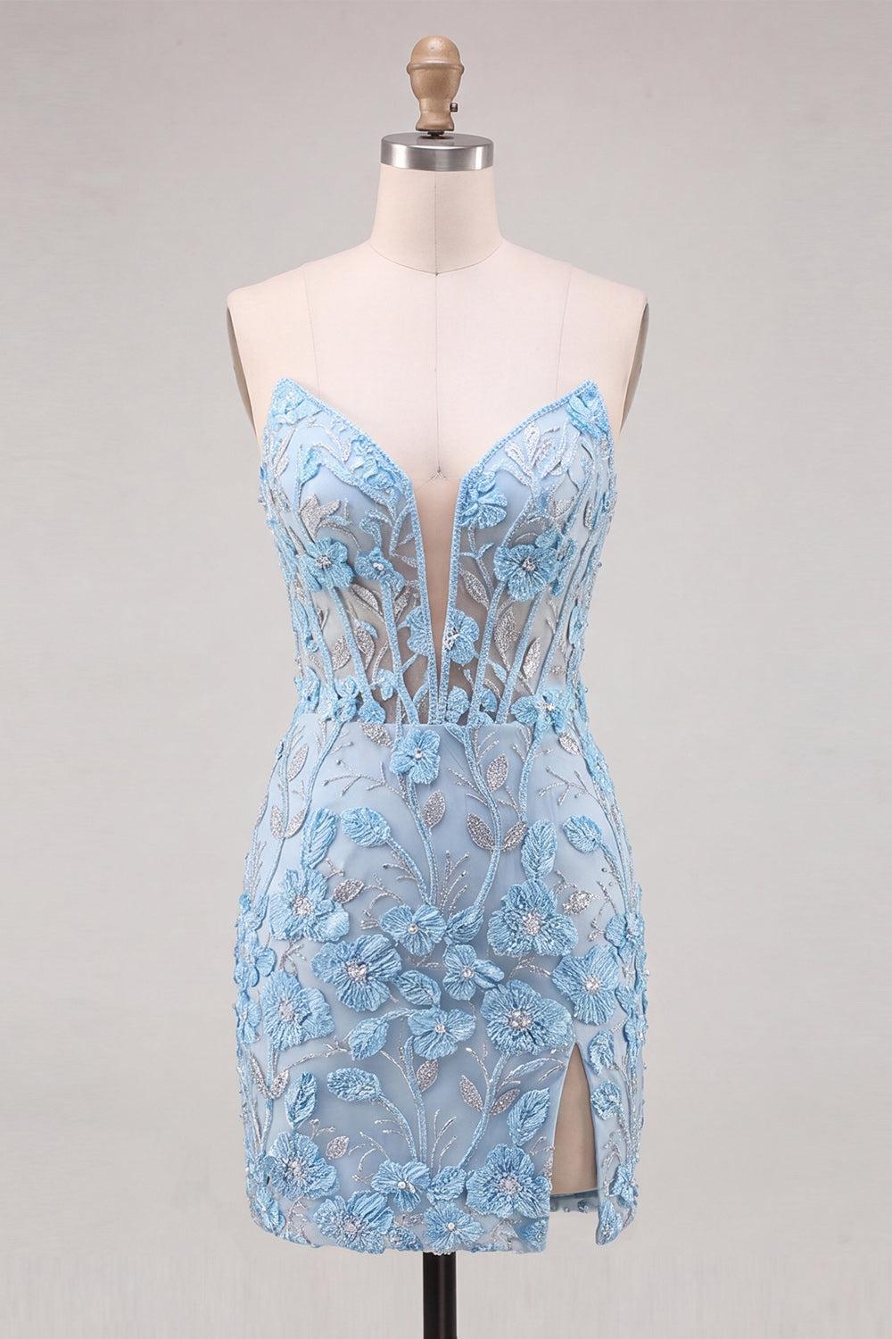 Floral Sky Blue Lace Tight Corset Short Homecoming Dress with Slit