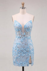 Floral Sky Blue Lace Tight Corset Short Homecoming Dress with Slit