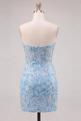Floral Sky Blue Lace Tight Corset Short Homecoming Dress with Slit