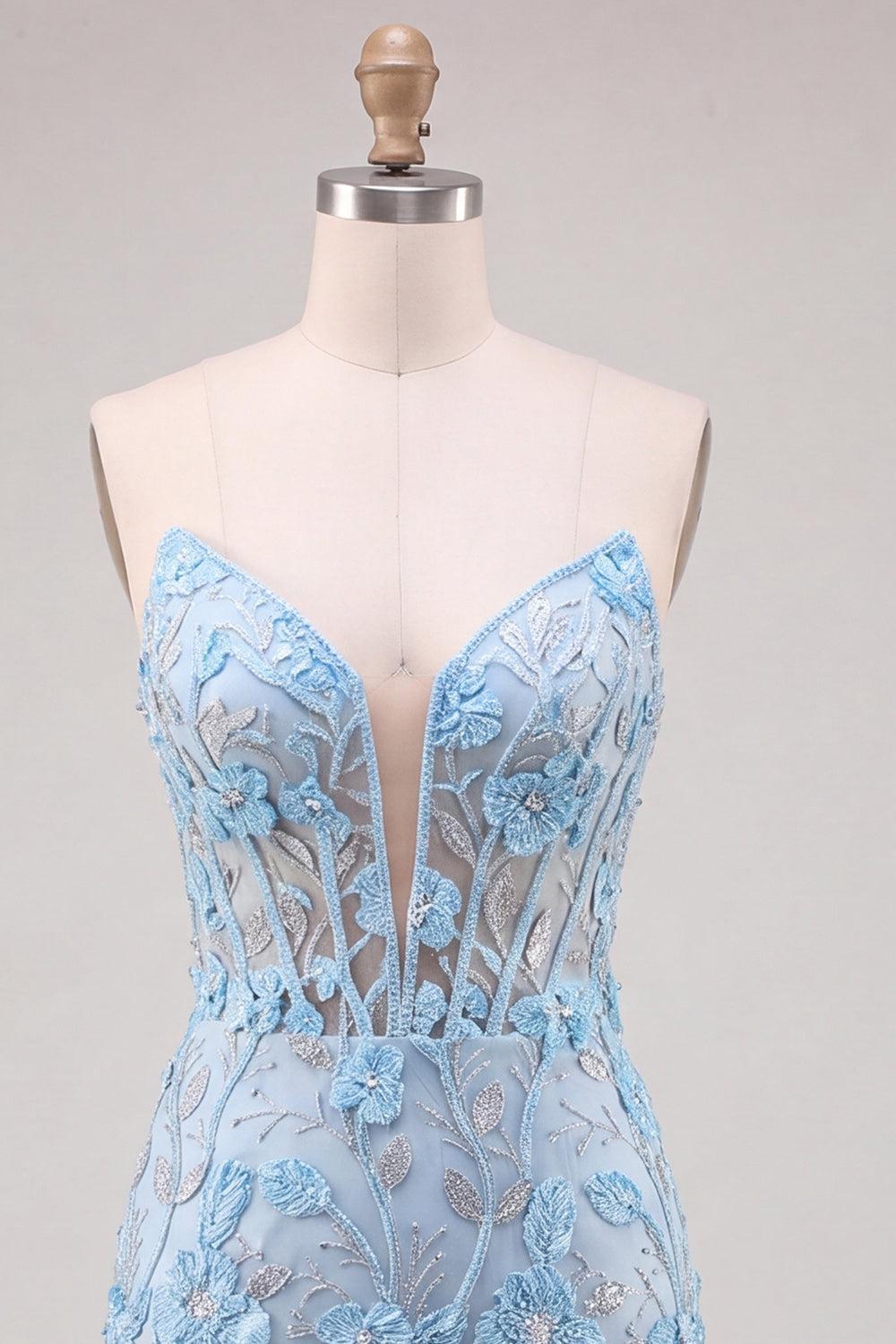 Floral Sky Blue Lace Tight Corset Short Homecoming Dress with Slit