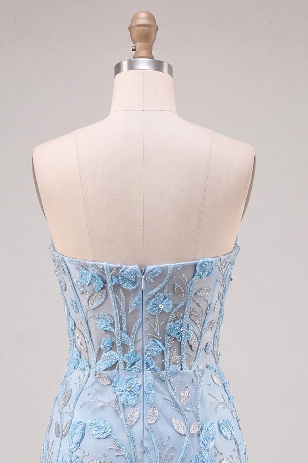 Floral Sky Blue Lace Tight Corset Short Homecoming Dress with Slit