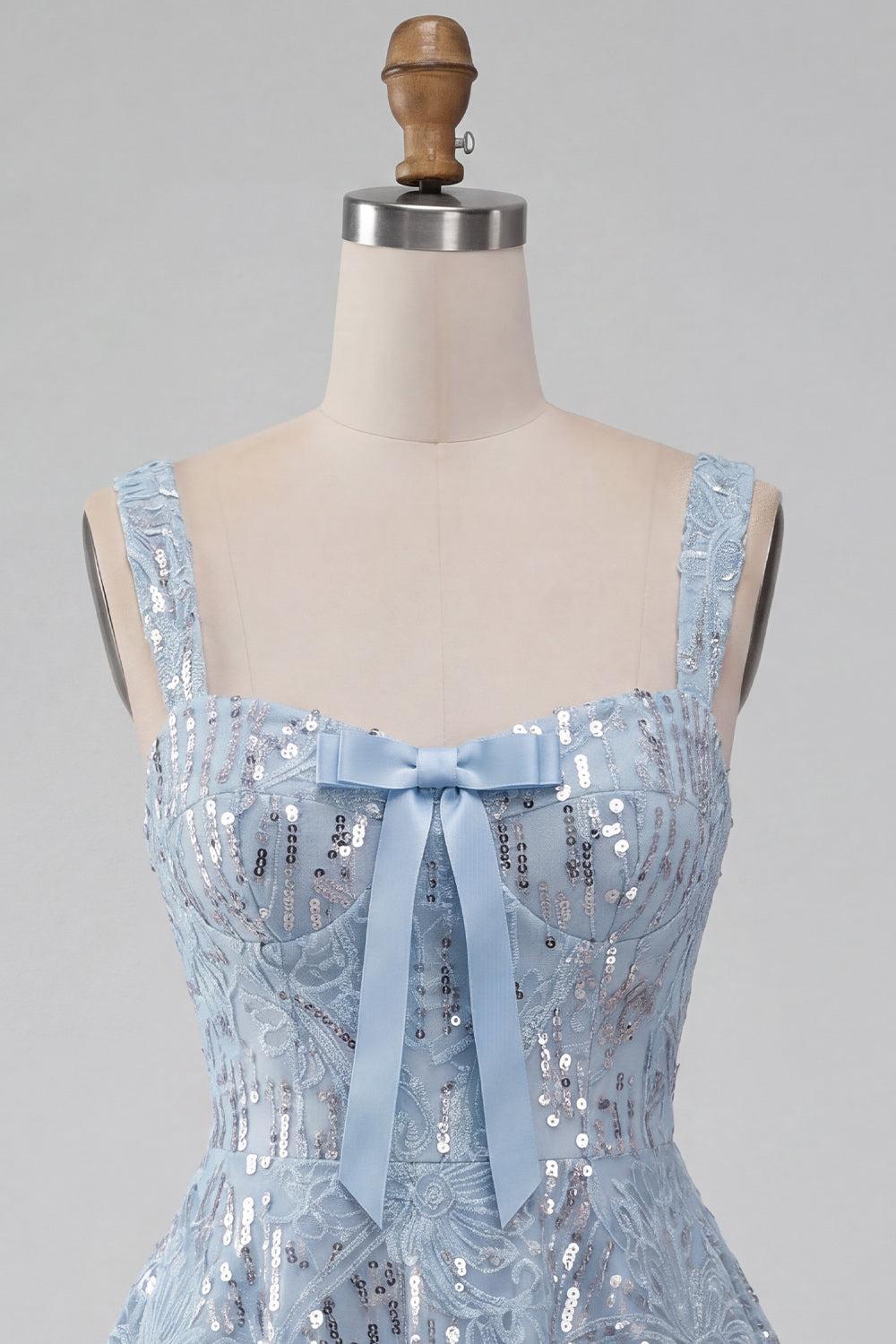 Floral Sky Blue Sparkly Sequin A-Line Short Homecoming Dress with Bow