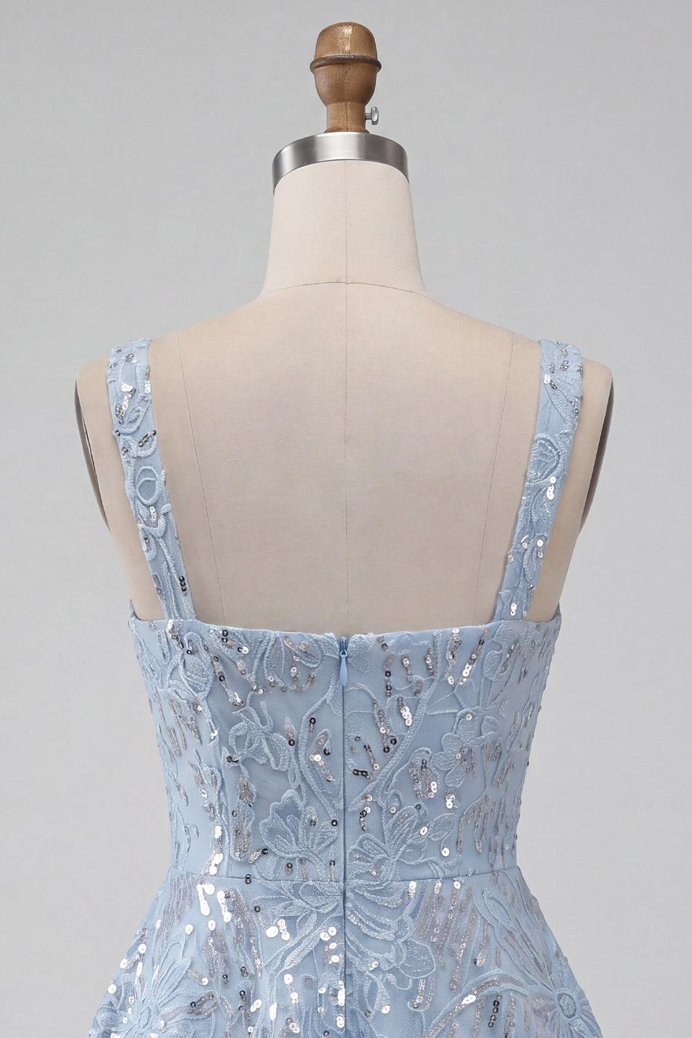 Floral Sky Blue Sparkly Sequin A-Line Short Homecoming Dress with Bow