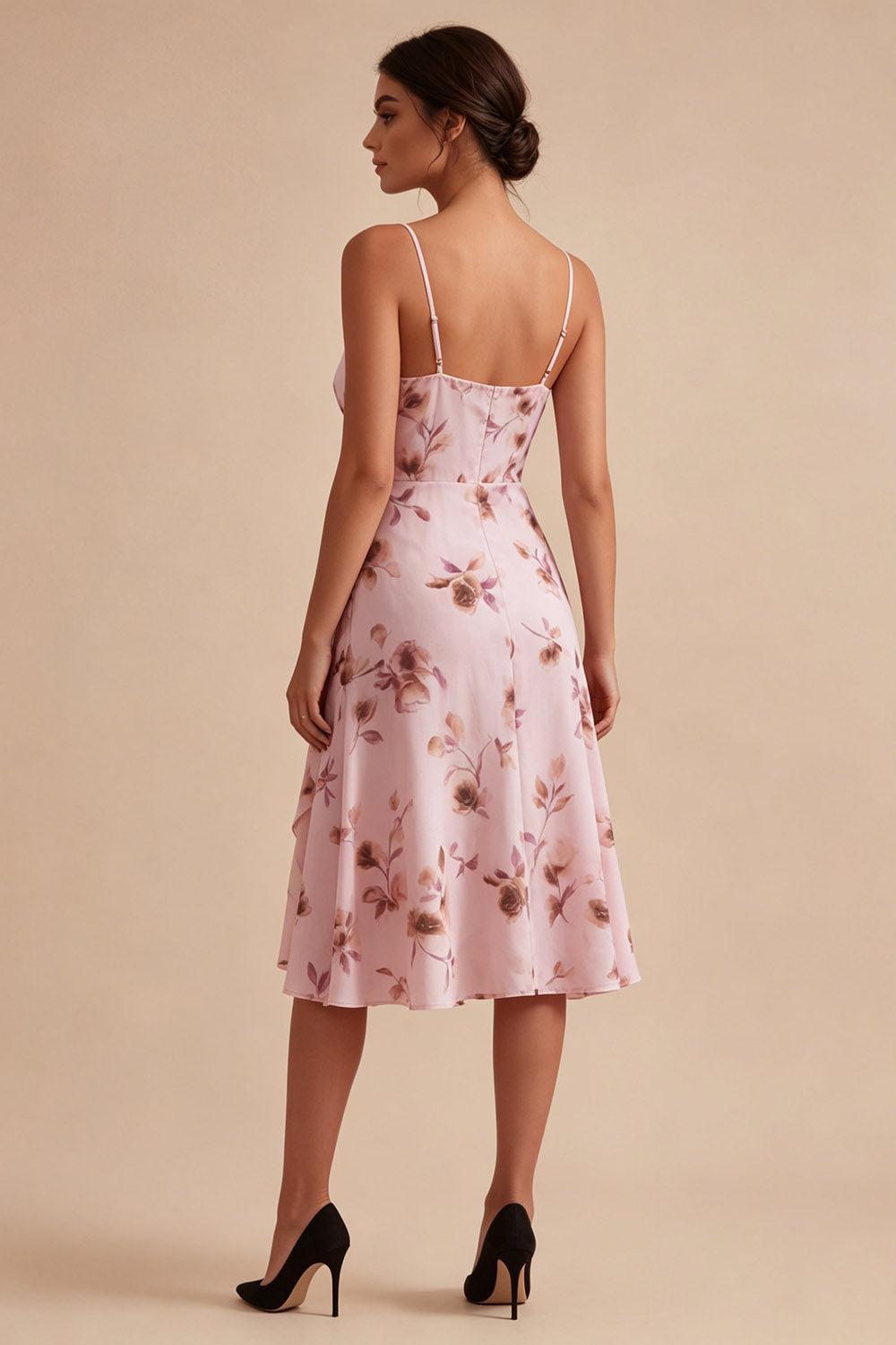 Floral Spaghetti Straps Pink A Line Short Homecoming Dress with Ruffles