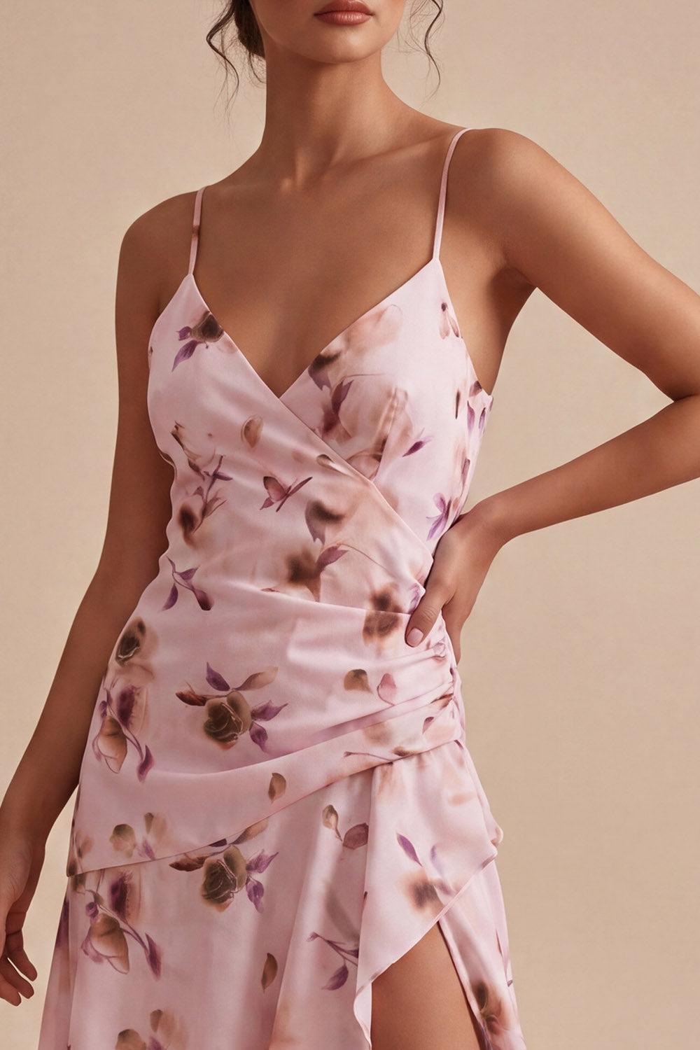 Floral Spaghetti Straps Pink A Line Short Homecoming Dress with Ruffles
