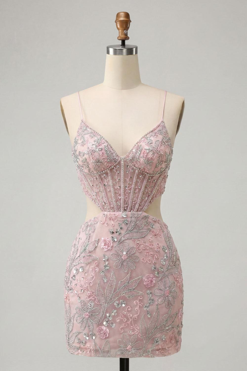 Floral Sparkly Blush Corset Tight Cut Out Short Homecoming Dress