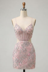 Floral Sparkly Blush Corset Tight Cut Out Short Homecoming Dress