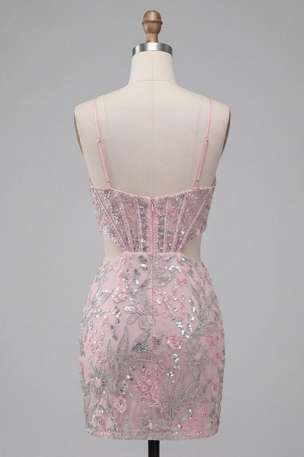 Floral Sparkly Blush Corset Tight Cut Out Short Homecoming Dress
